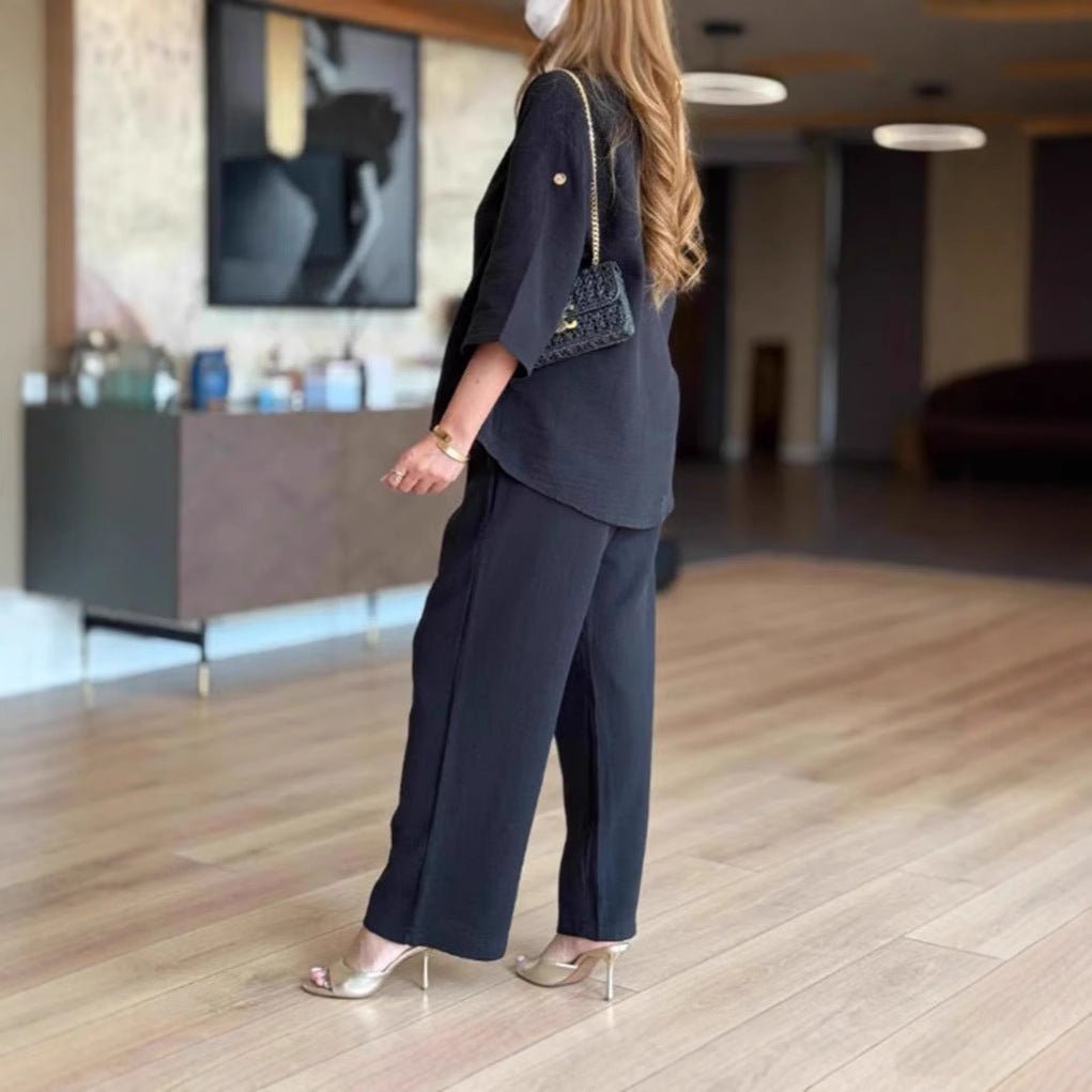 Women's Relaxed Linen-Look 3/4 Sleeve Tunic Wide-Leg Pants Set