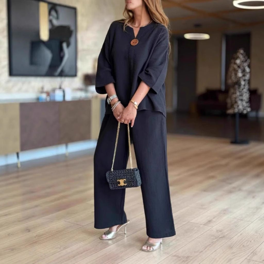 Women's Relaxed Linen-Look 3/4 Sleeve Tunic Wide-Leg Pants Set