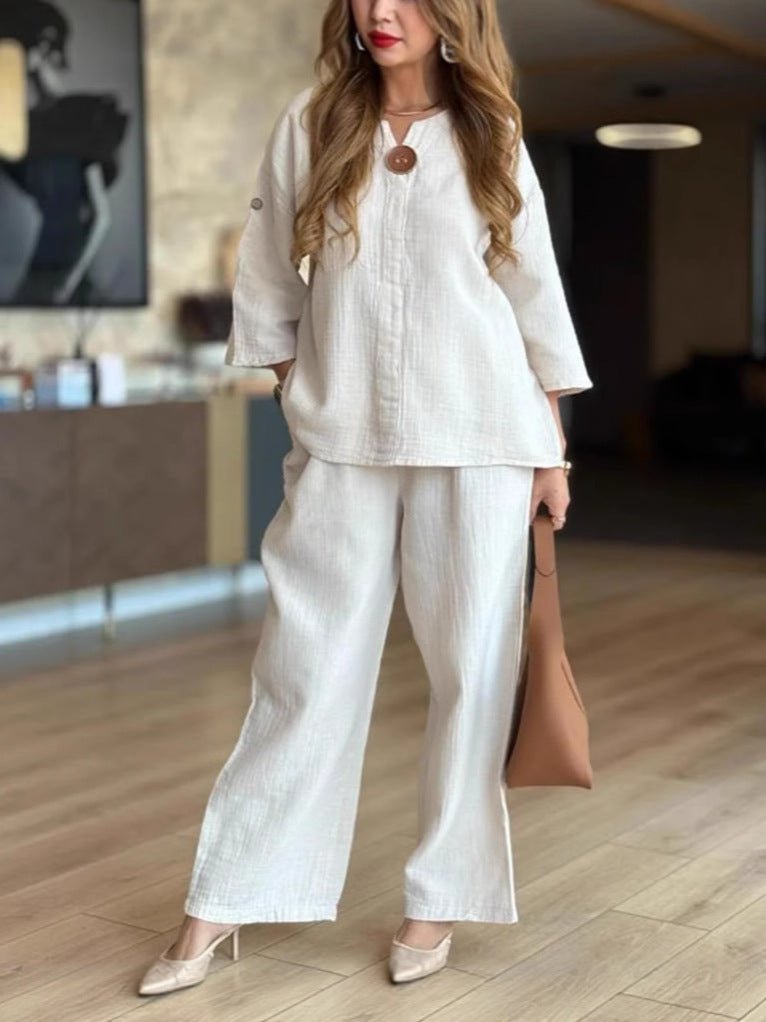 Women's Relaxed Linen-Look 3/4 Sleeve Tunic Wide-Leg Pants Set - Weiß
