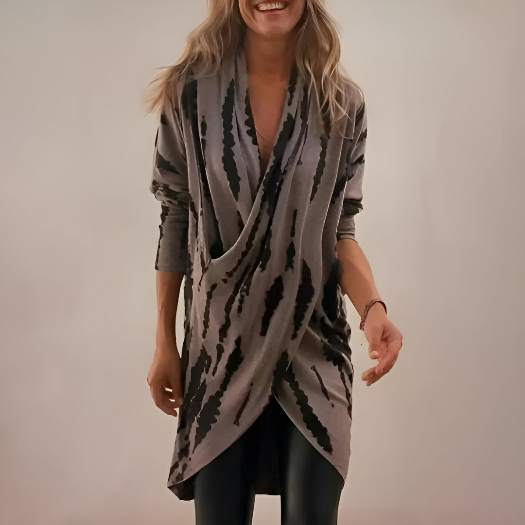 Women's Relaxed V-Neck Abstract Print Draped Tunic