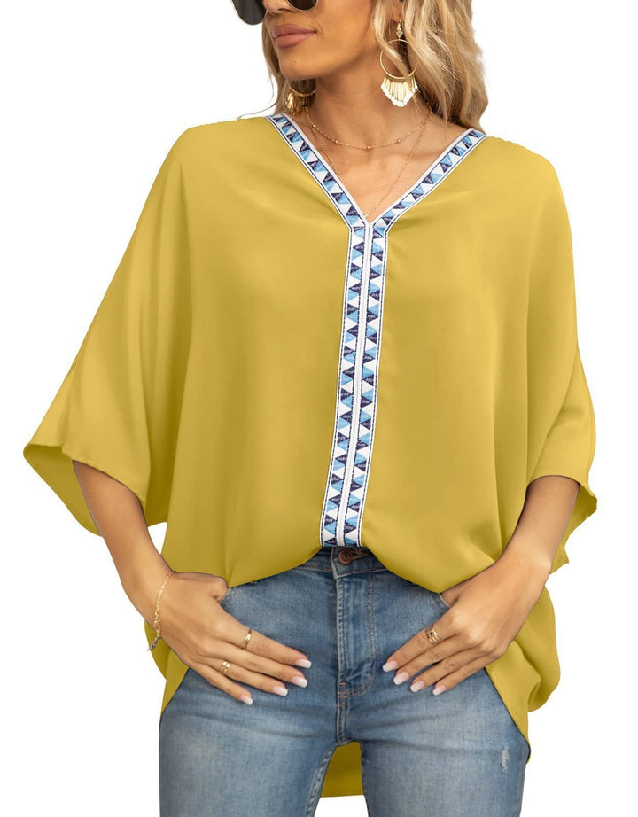 Women's Relaxed V-Neck Geometric Trim Oversized Tunic Top - Blume
