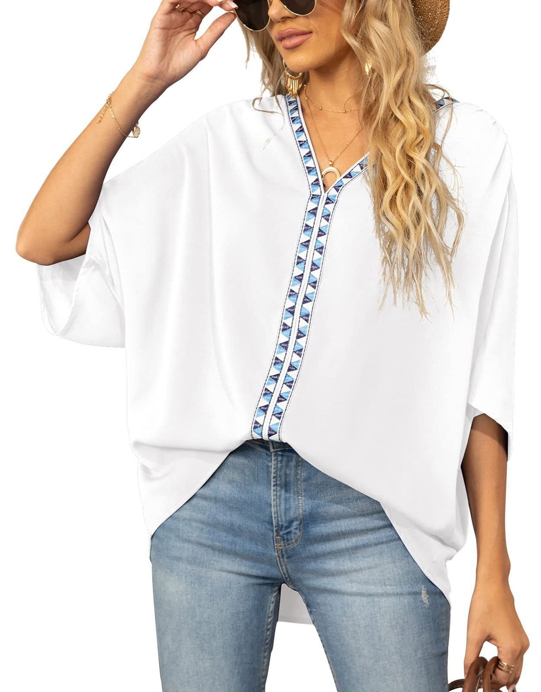 Women's Relaxed V-Neck Geometric Trim Oversized Tunic Top - Weiß