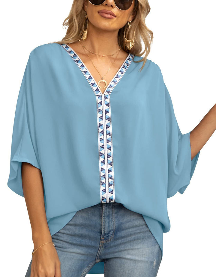 Women's Relaxed V-Neck Geometric Trim Oversized Tunic Top - Dunkelblau