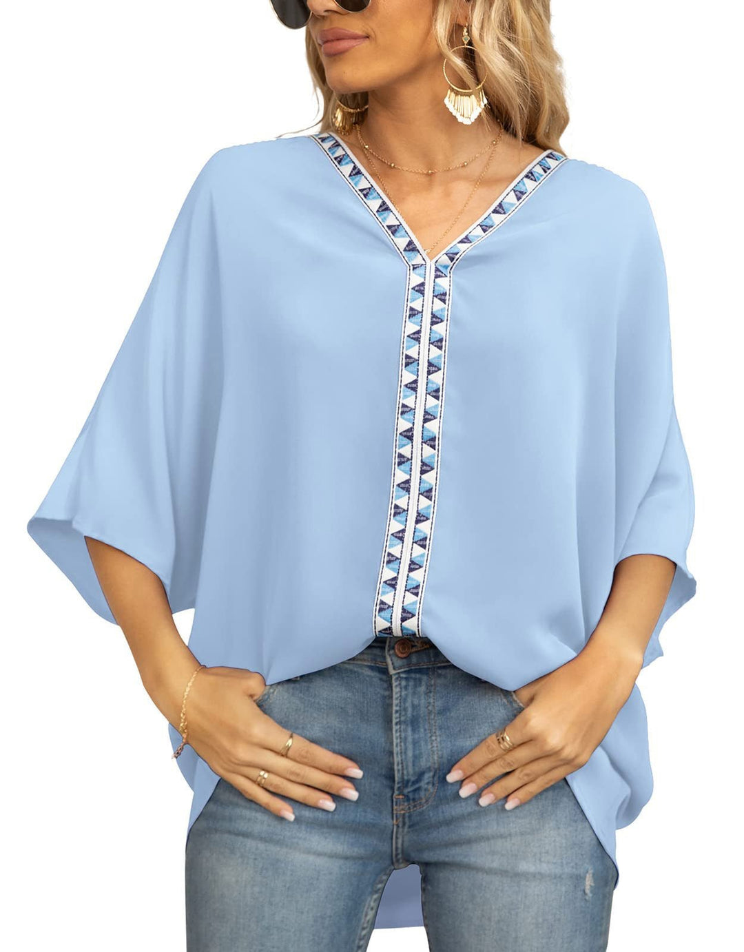 Women's Relaxed V-Neck Geometric Trim Oversized Tunic Top - 浅蓝色