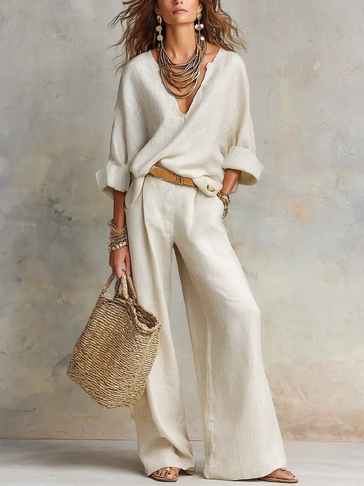 Women's Relaxed V-Neck Linen Two-Piece Wide Leg Pants Set - White