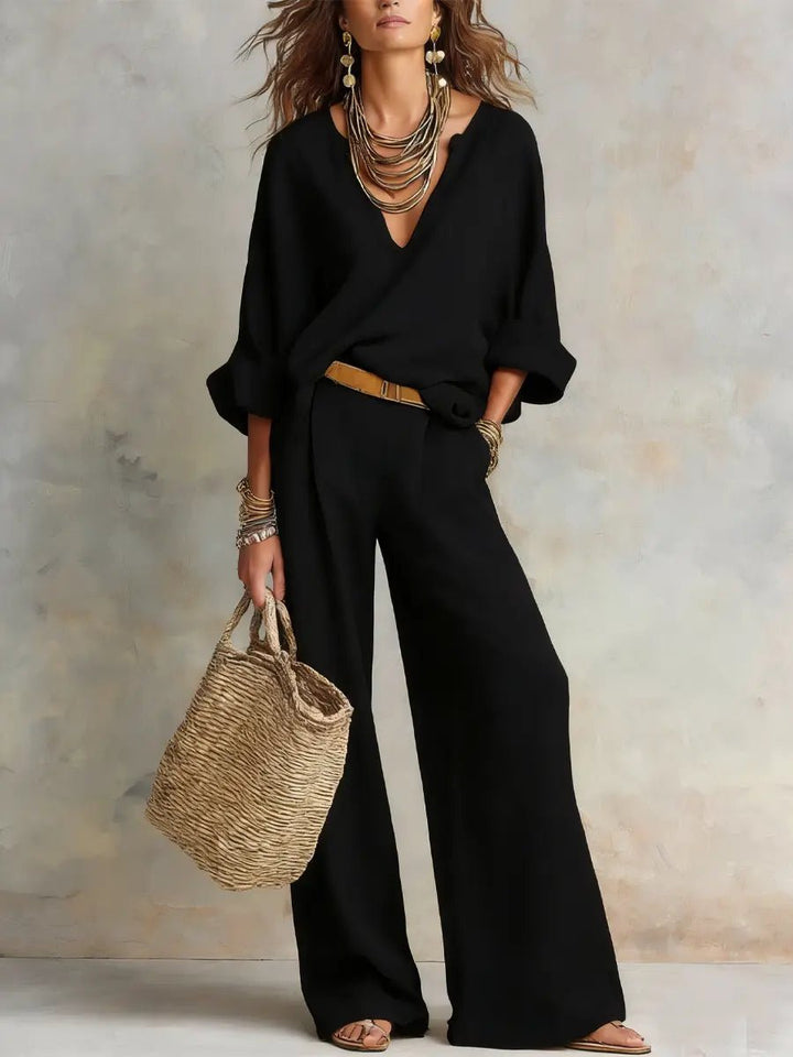 Women's Relaxed V-Neck Linen Two-Piece Wide Leg Pants Set - Black