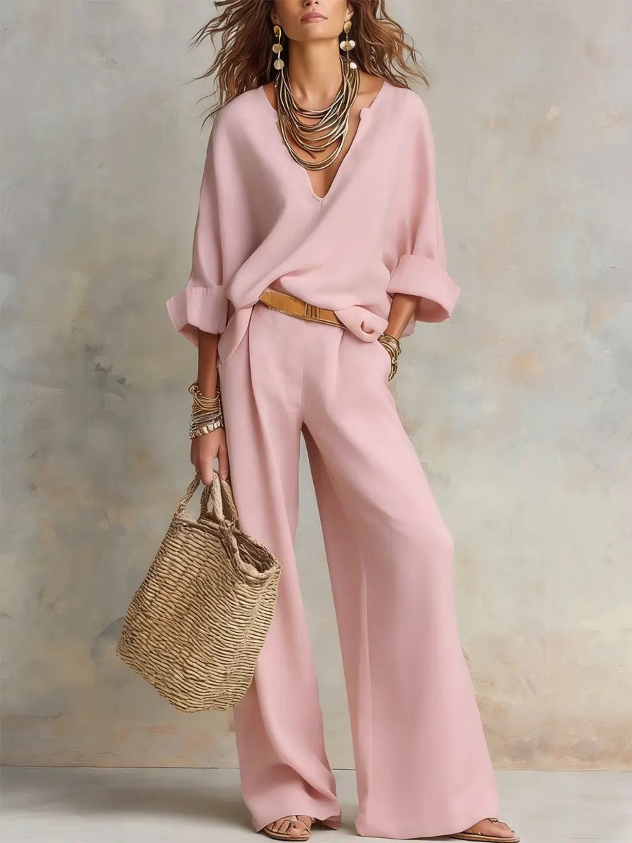 Women's Relaxed V-Neck Linen Two-Piece Wide Leg Pants Set - Pink