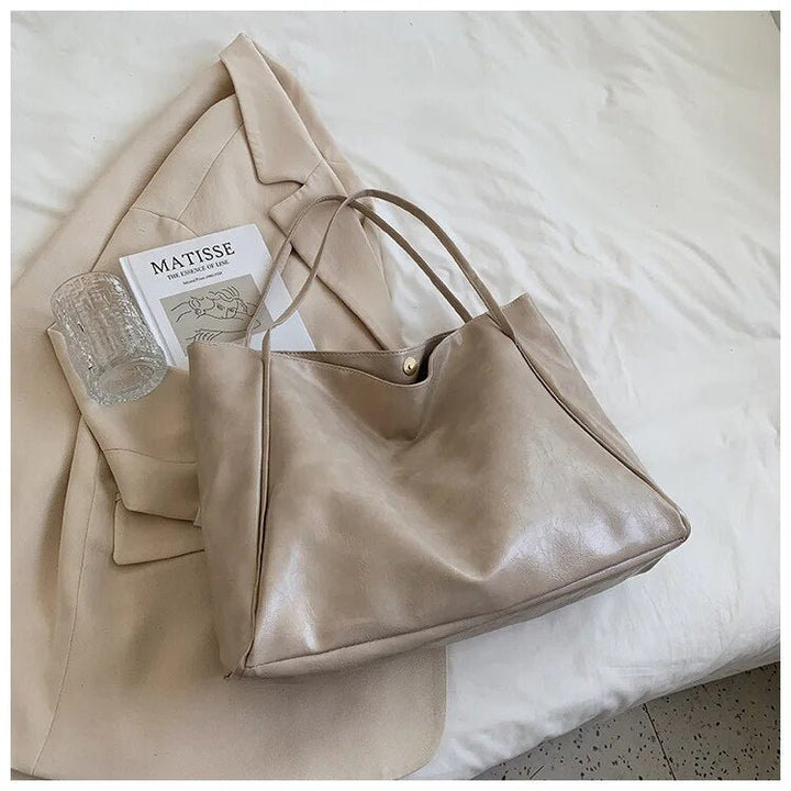 Women's Retro Large-Capacity PU Leather Shoulder Tote Bag - Beige