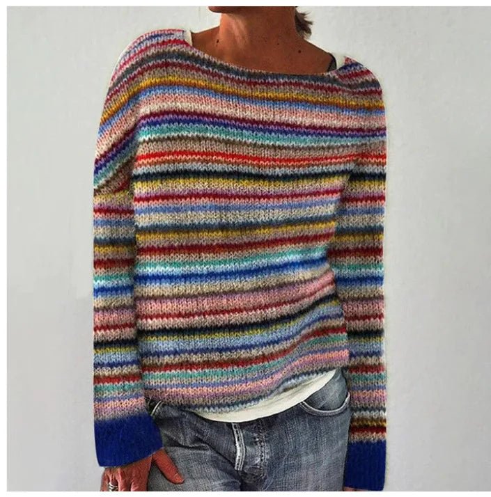 Women's Retro Striped Relaxed-Fit Knit Sweater - Multicolor1