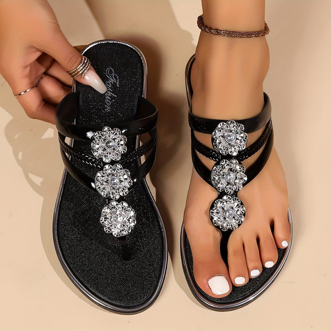 Women's Rhinestone T-Strap Flat Sandals Slip-On - Black