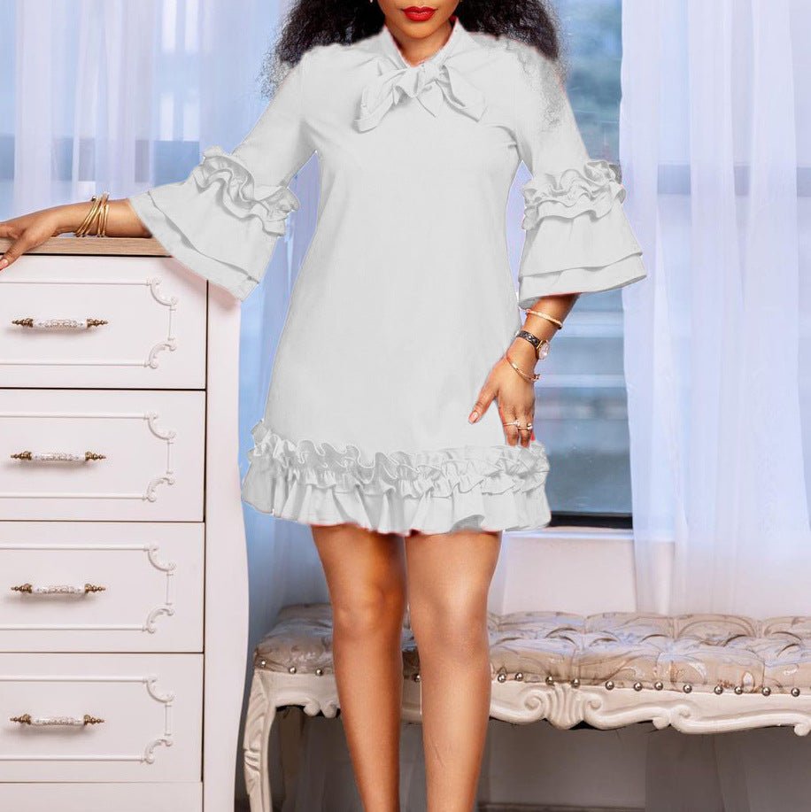 Women's Ruffle-Hem Bow-Neck Tunic Mini Dress