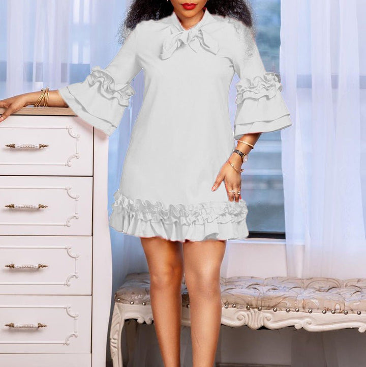 Women's Ruffle-Hem Bow-Neck Tunic Mini Dress