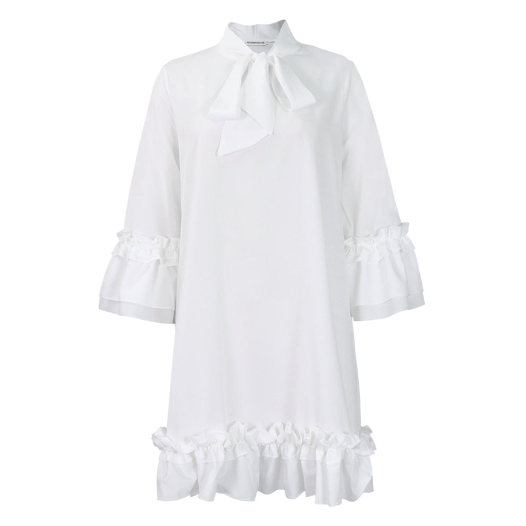 Women's Ruffle-Hem Bow-Neck Tunic Mini Dress - Weiß