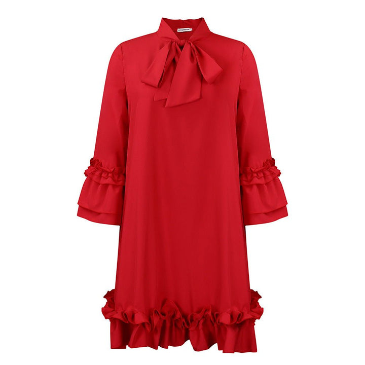 Women's Ruffle-Hem Bow-Neck Tunic Mini Dress - Rot