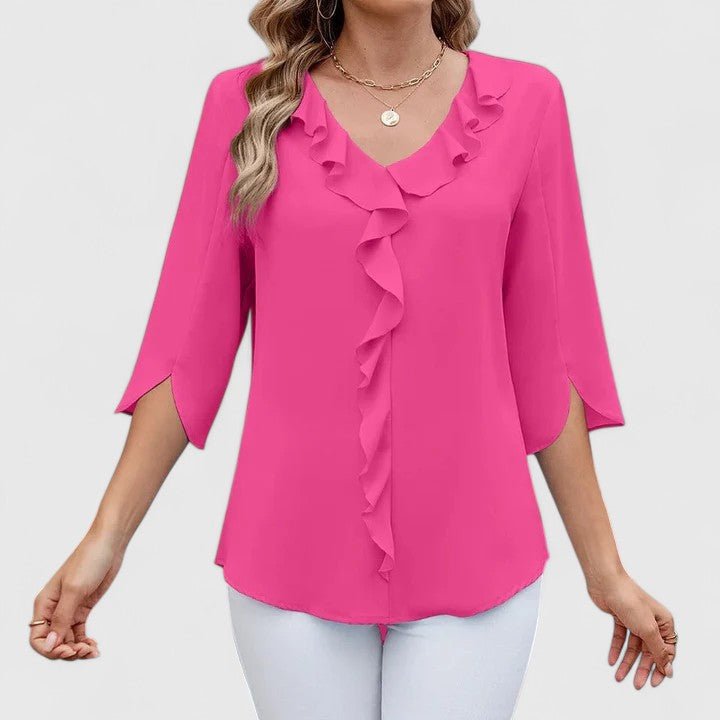 Women's Ruffle V-Neck Half-Sleeve Chiffon Blouse - Pink
