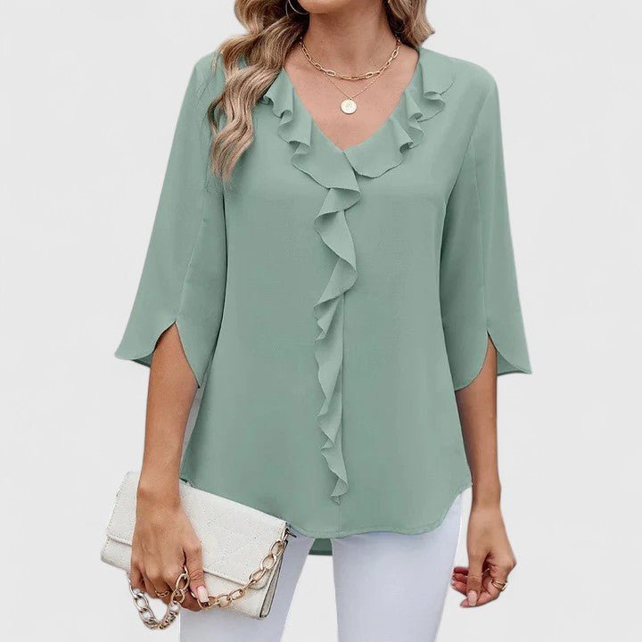 Women's Ruffle V-Neck Half-Sleeve Chiffon Blouse - Green