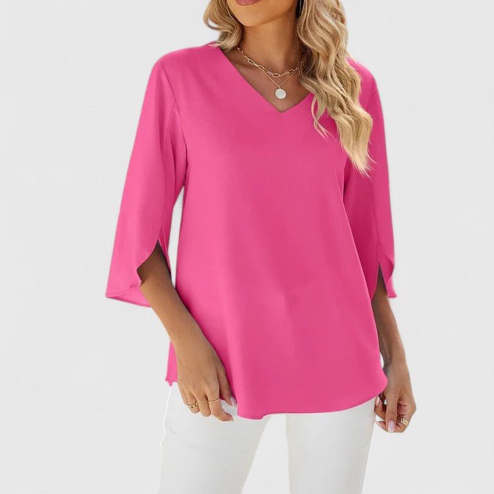 Women's Ruffle V-Neck Half-Sleeve Chiffon Blouse - Classic Pink