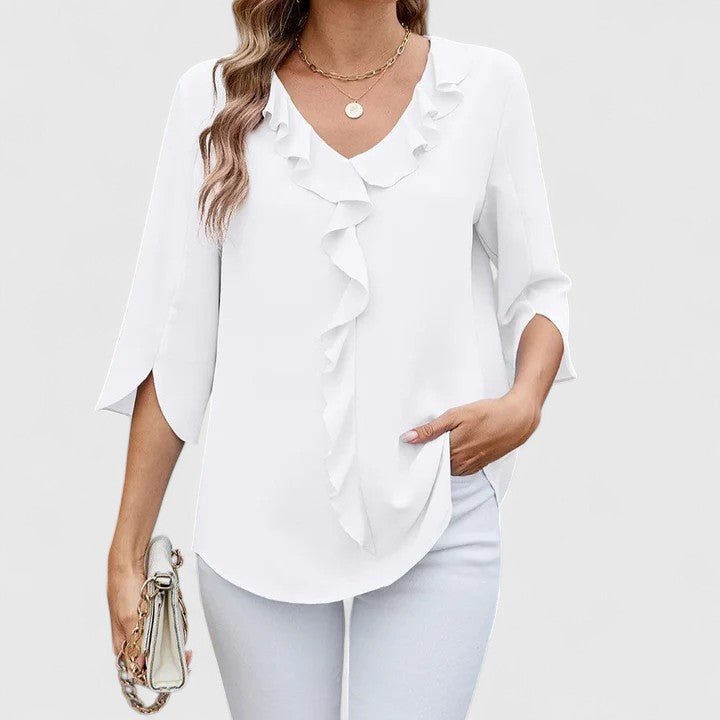 Women's Ruffle V-Neck Half-Sleeve Chiffon Blouse - White