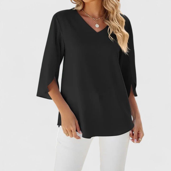 Women's Ruffle V-Neck Half-Sleeve Chiffon Blouse - Classic Black