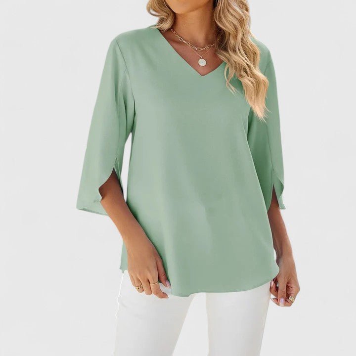 Women's Ruffle V-Neck Half-Sleeve Chiffon Blouse - Classic Green