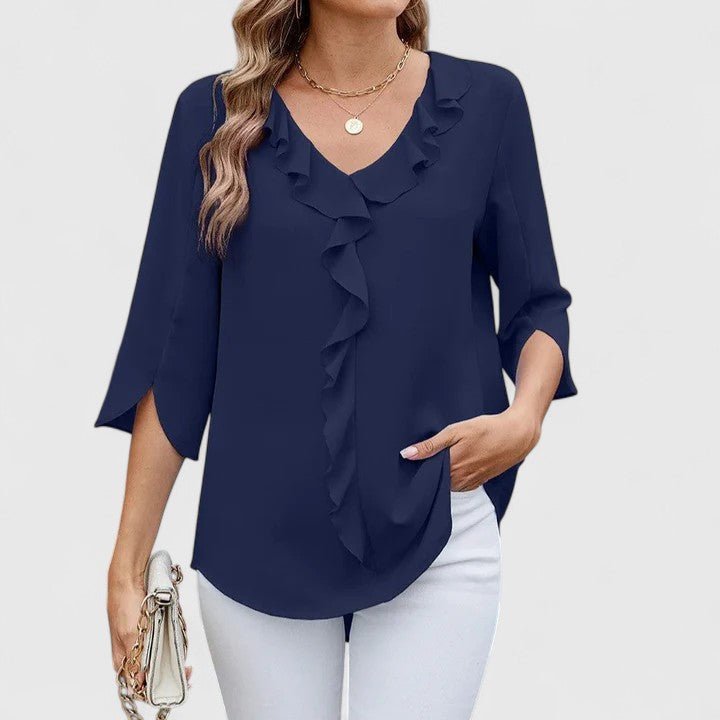 Women's Ruffle V-Neck Half-Sleeve Chiffon Blouse - Blue