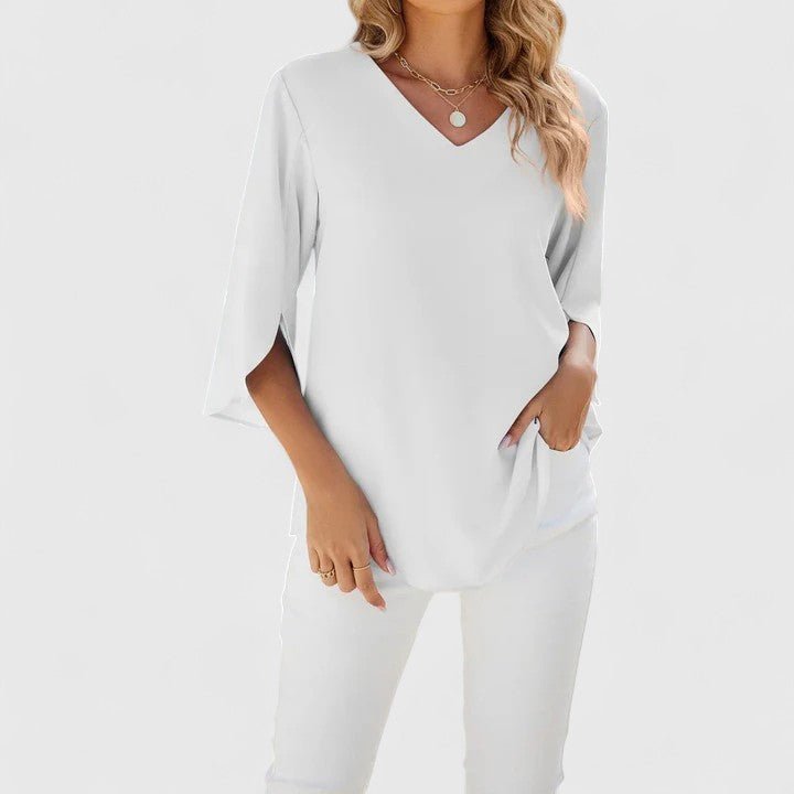 Women's Ruffle V-Neck Half-Sleeve Chiffon Blouse - Classic White