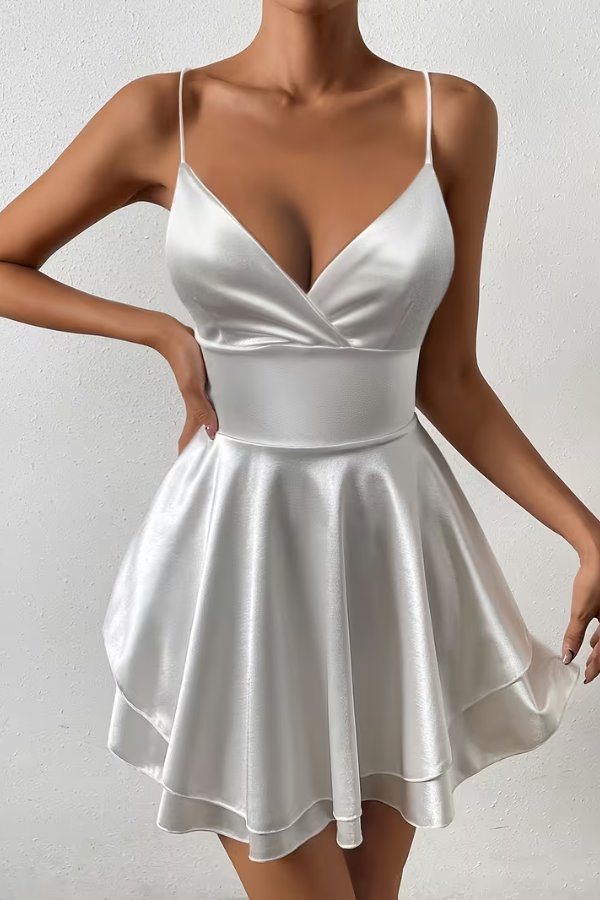 Women's Satin Open-Back Mini Cocktail Dress V-Neck Pleated Skater - White