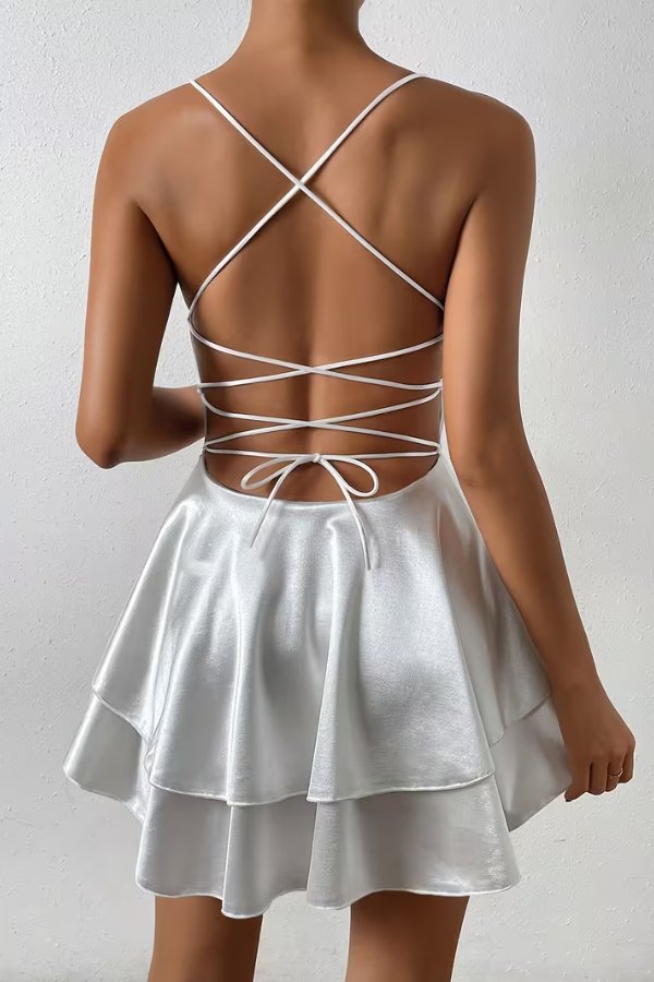 Women's Satin Open-Back Mini Cocktail Dress V-Neck Pleated Skater