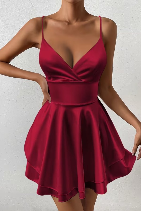 Women's Satin Open-Back Mini Cocktail Dress V-Neck Pleated Skater - Burgundy Red