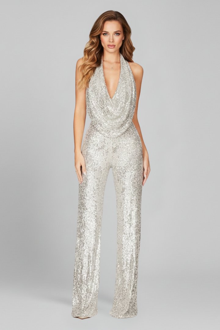 Women's Sequin Halter Cowl-Neck Wide Leg Pants Jumpsuit - Silver