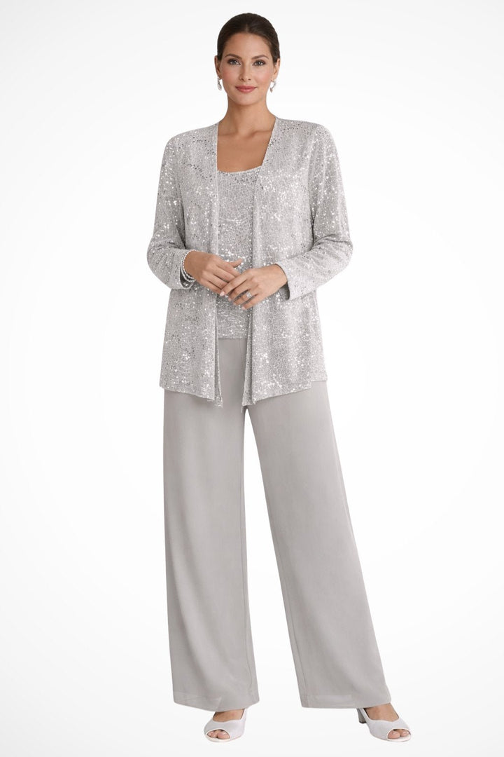 Women's Sequined Three-Piece Wide Leg Pants Suit Long Sleeve - Silver