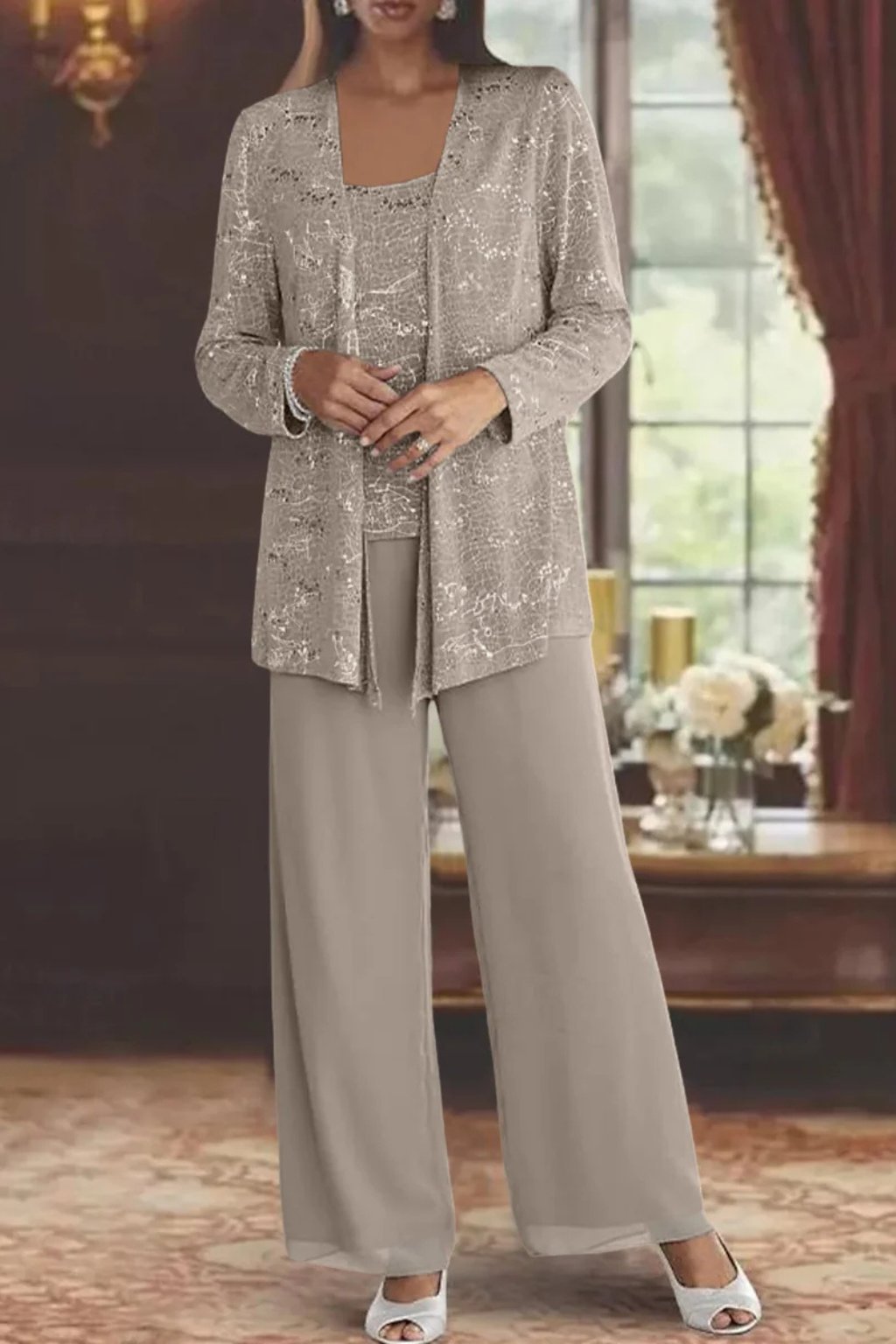Women's Sequined Three-Piece Wide Leg Pants Suit Long Sleeve