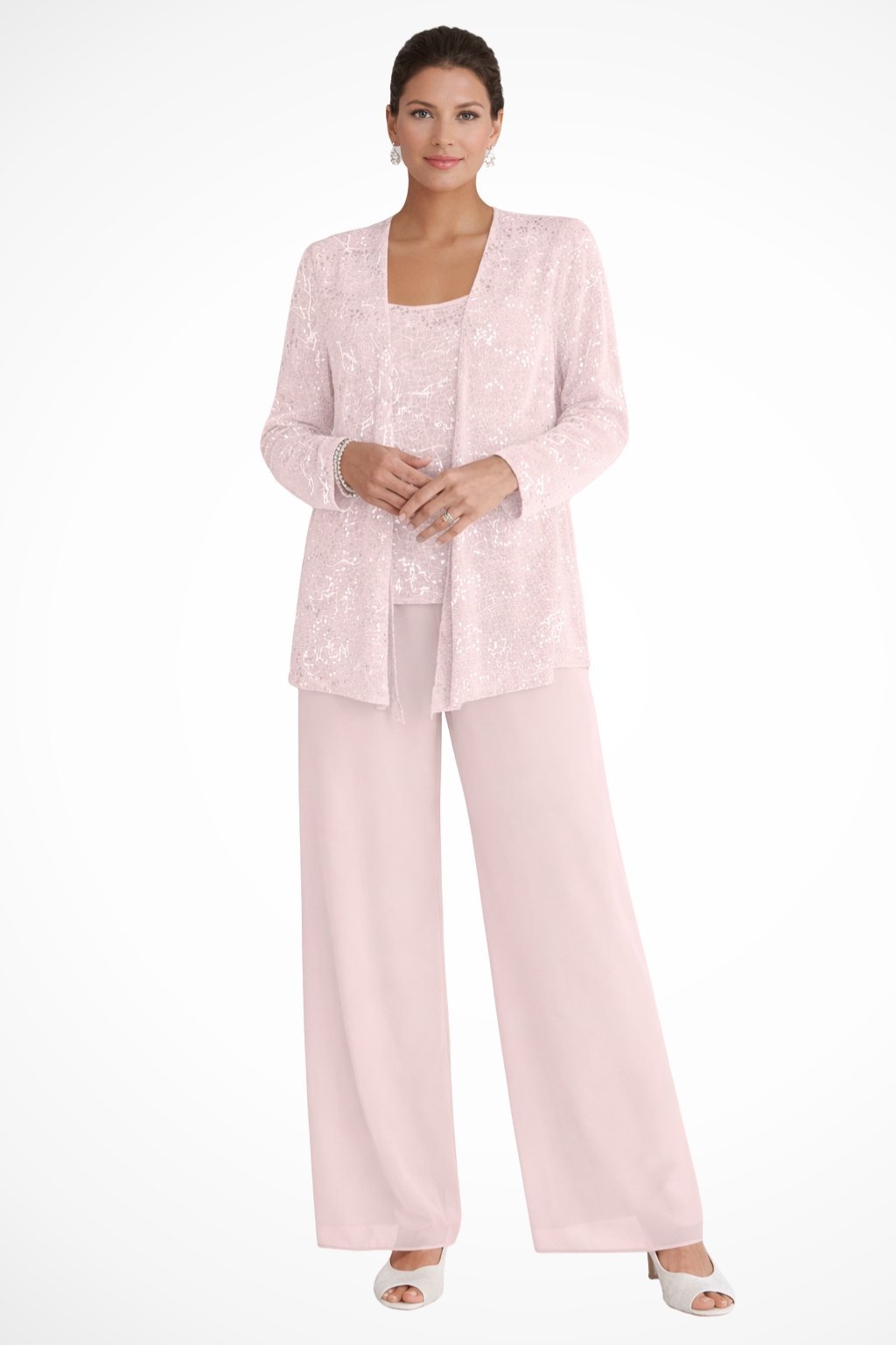 Women's Sequined Three-Piece Wide Leg Pants Suit Long Sleeve - Light Pink