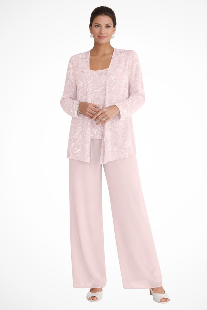Women's Sequined Three-Piece Wide Leg Pants Suit Long Sleeve - Light Pink