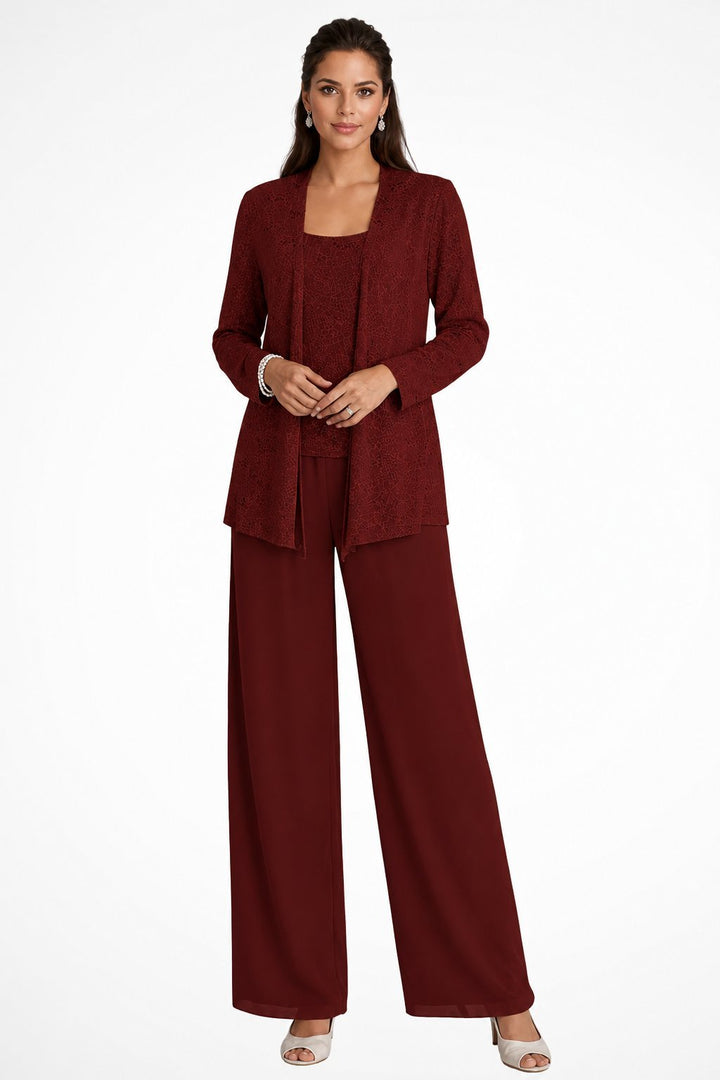 Women's Sequined Three-Piece Wide Leg Pants Suit Long Sleeve - Burgundy