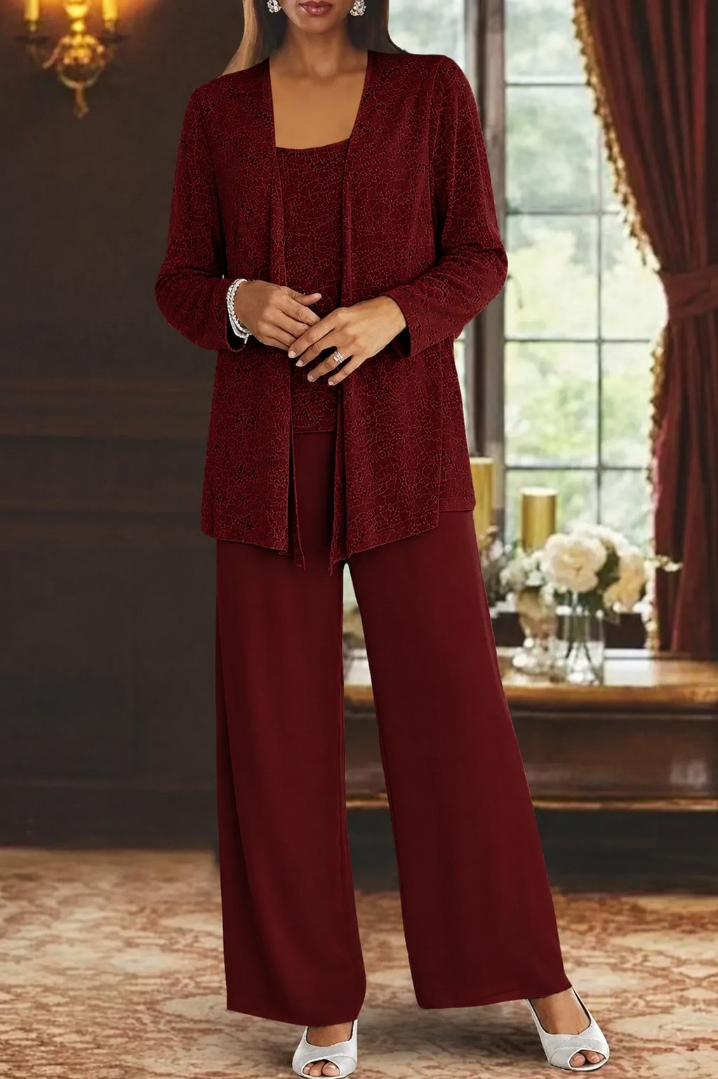 Women's Sequined Three-Piece Wide Leg Pants Suit Long Sleeve