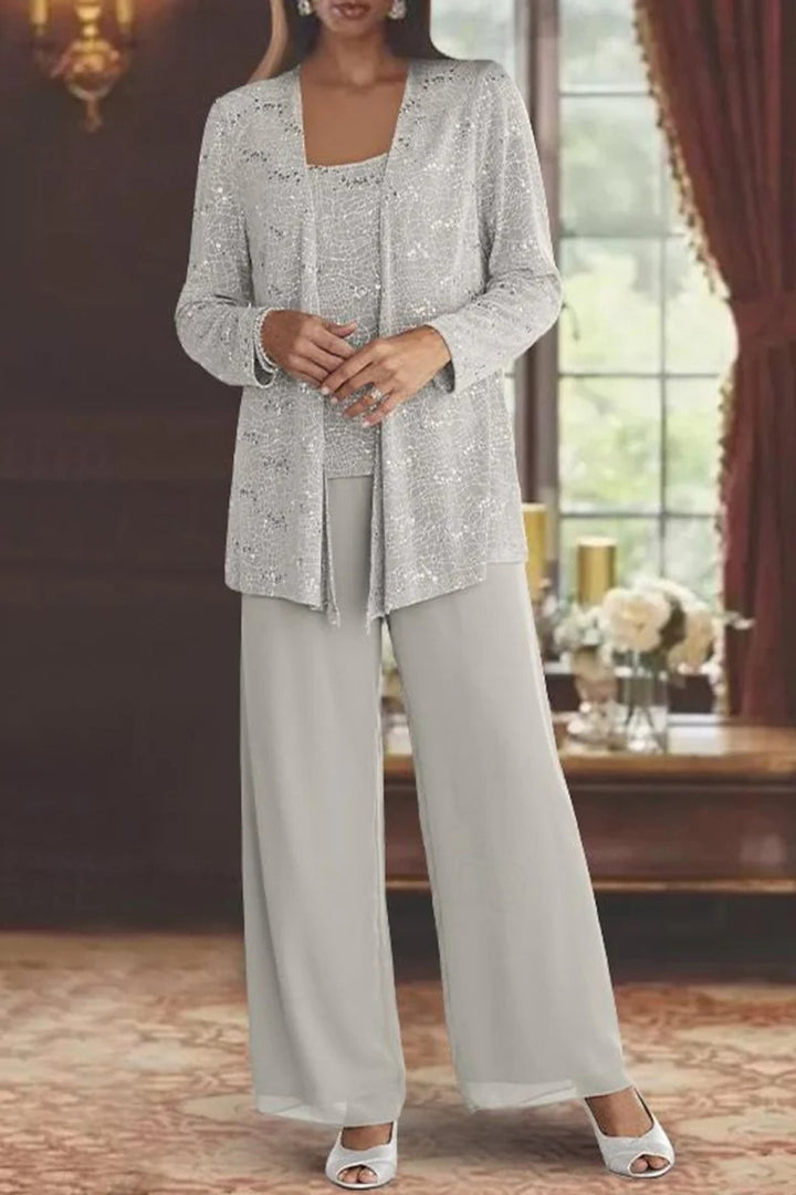 Women's Sequined Three-Piece Wide Leg Pants Suit Long Sleeve