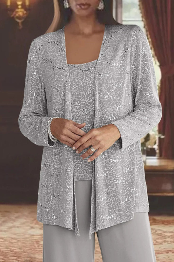 Women's Sequined Three-Piece Wide Leg Pants Suit Long Sleeve