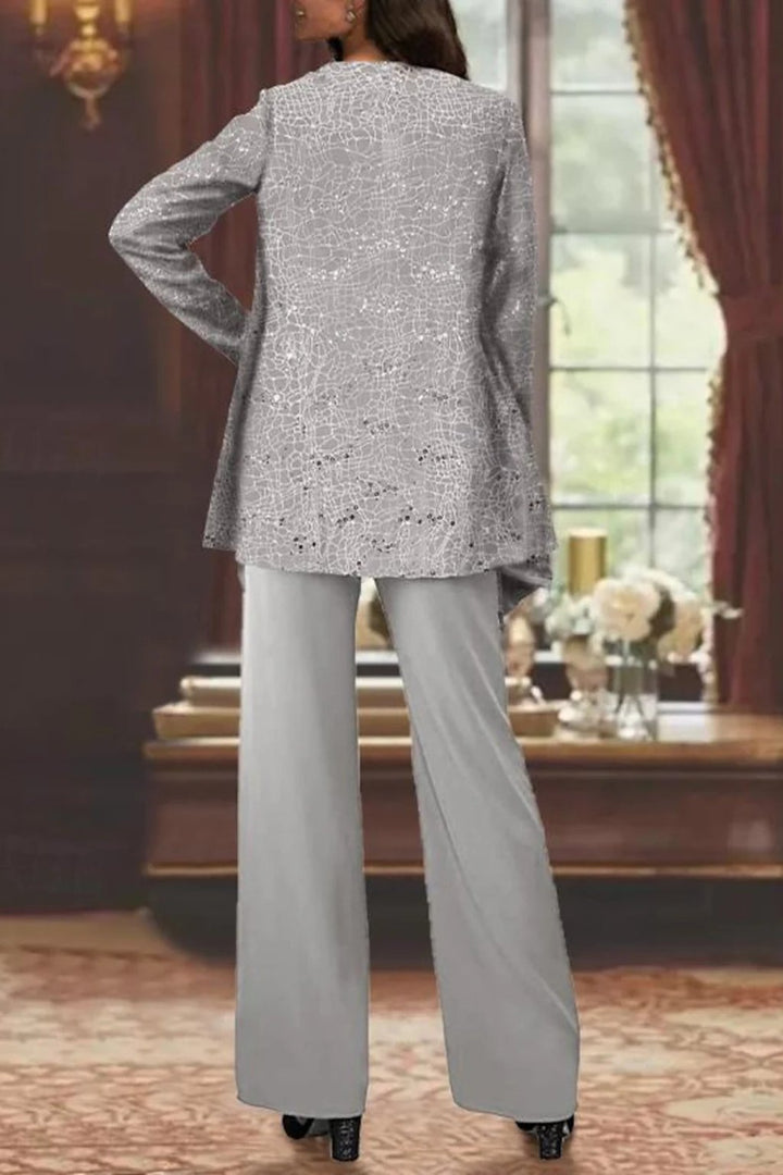 Women's Sequined Three-Piece Wide Leg Pants Suit Long Sleeve