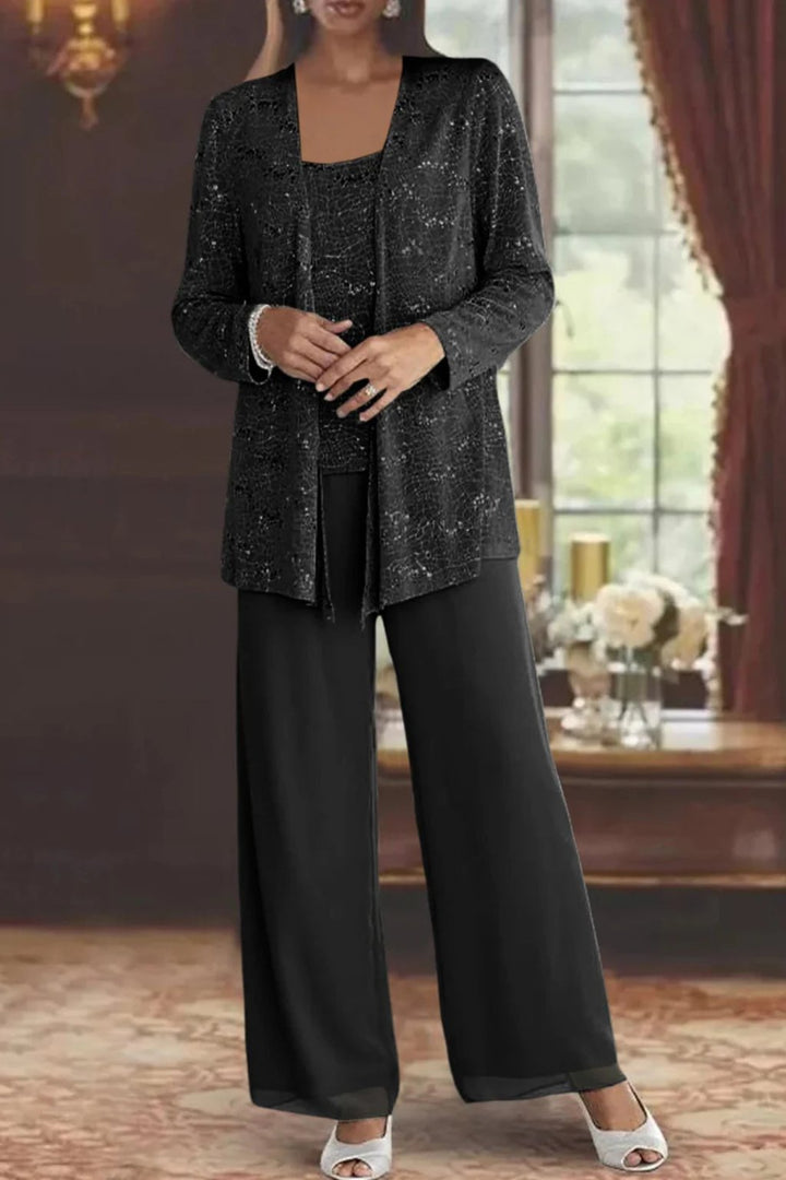 Women's Sequined Three-Piece Wide Leg Pants Suit Long Sleeve