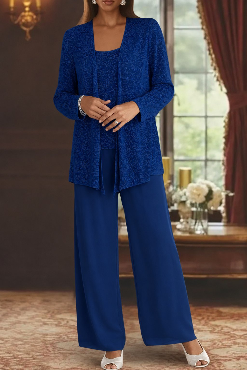 Women's Sequined Three-Piece Wide Leg Pants Suit Long Sleeve