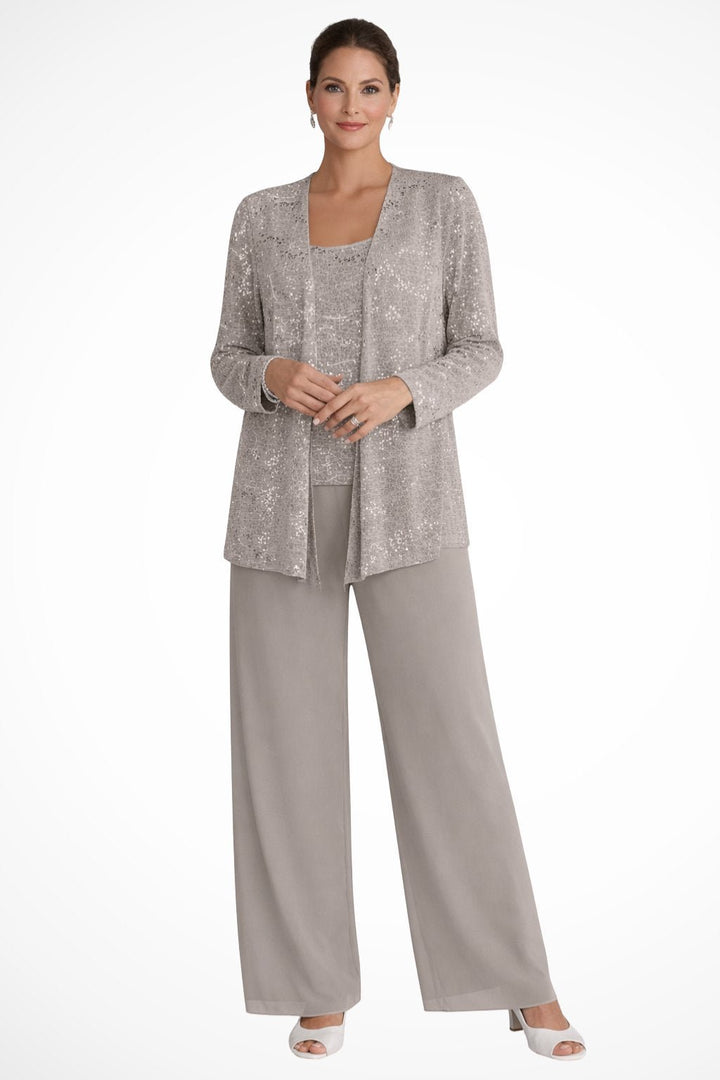 Women's Sequined Three-Piece Wide Leg Pants Suit Long Sleeve - Beige
