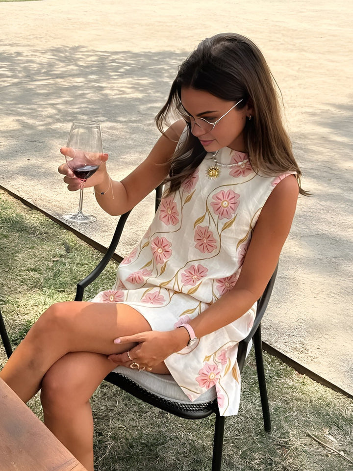 Women's Sleeveless A-Line Floral Linen Blouse Dress - Wit