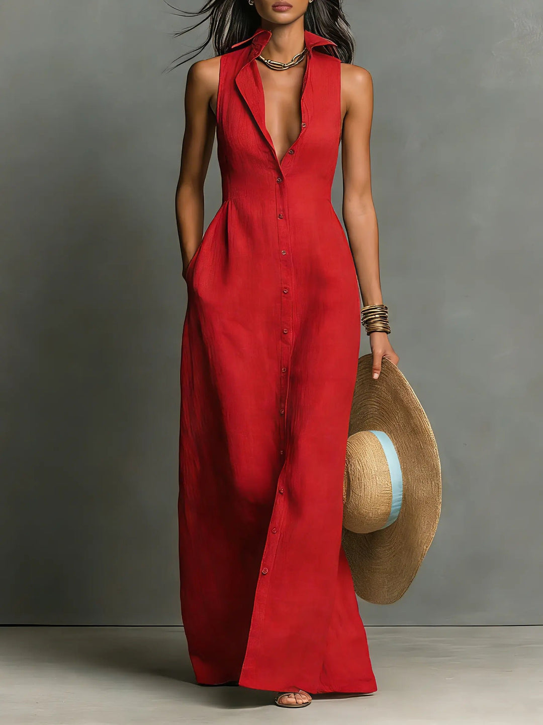 Women's Sleeveless Collared Linen Button-Front Maxi Dress - Red