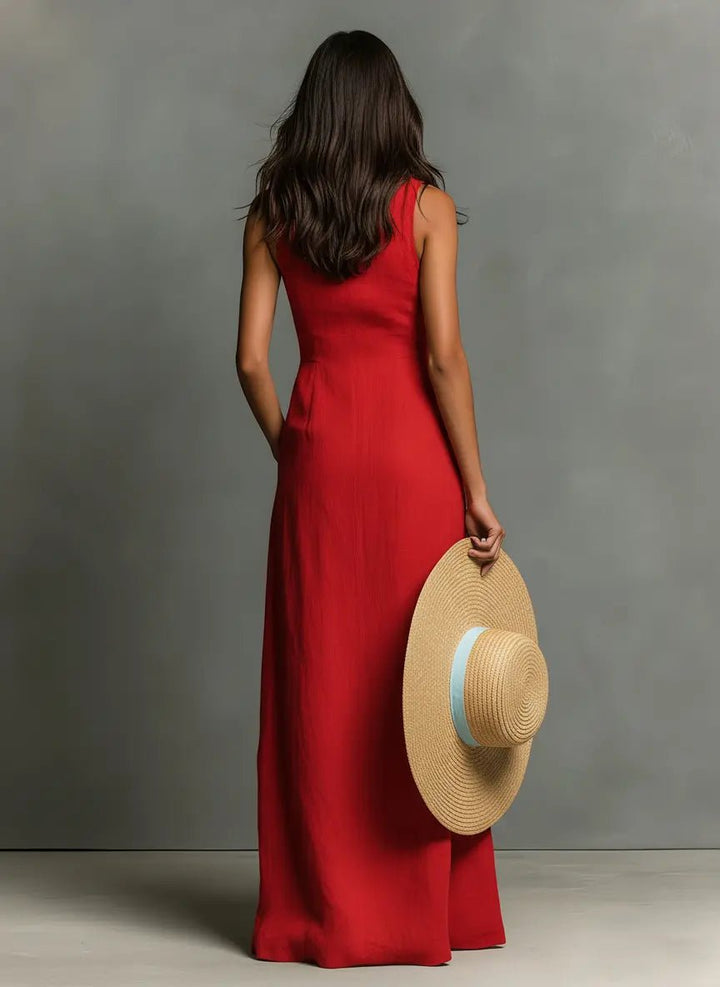 Women's Sleeveless Collared Linen Button-Front Maxi Dress