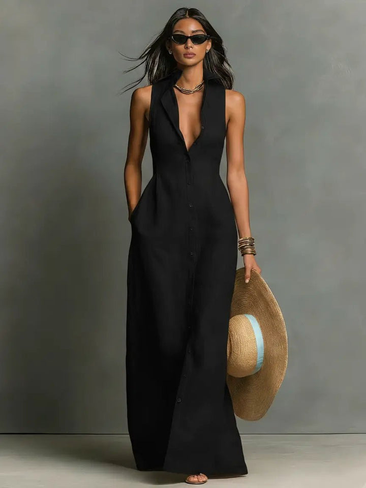 Women's Sleeveless Collared Linen Button-Front Maxi Dress - Black