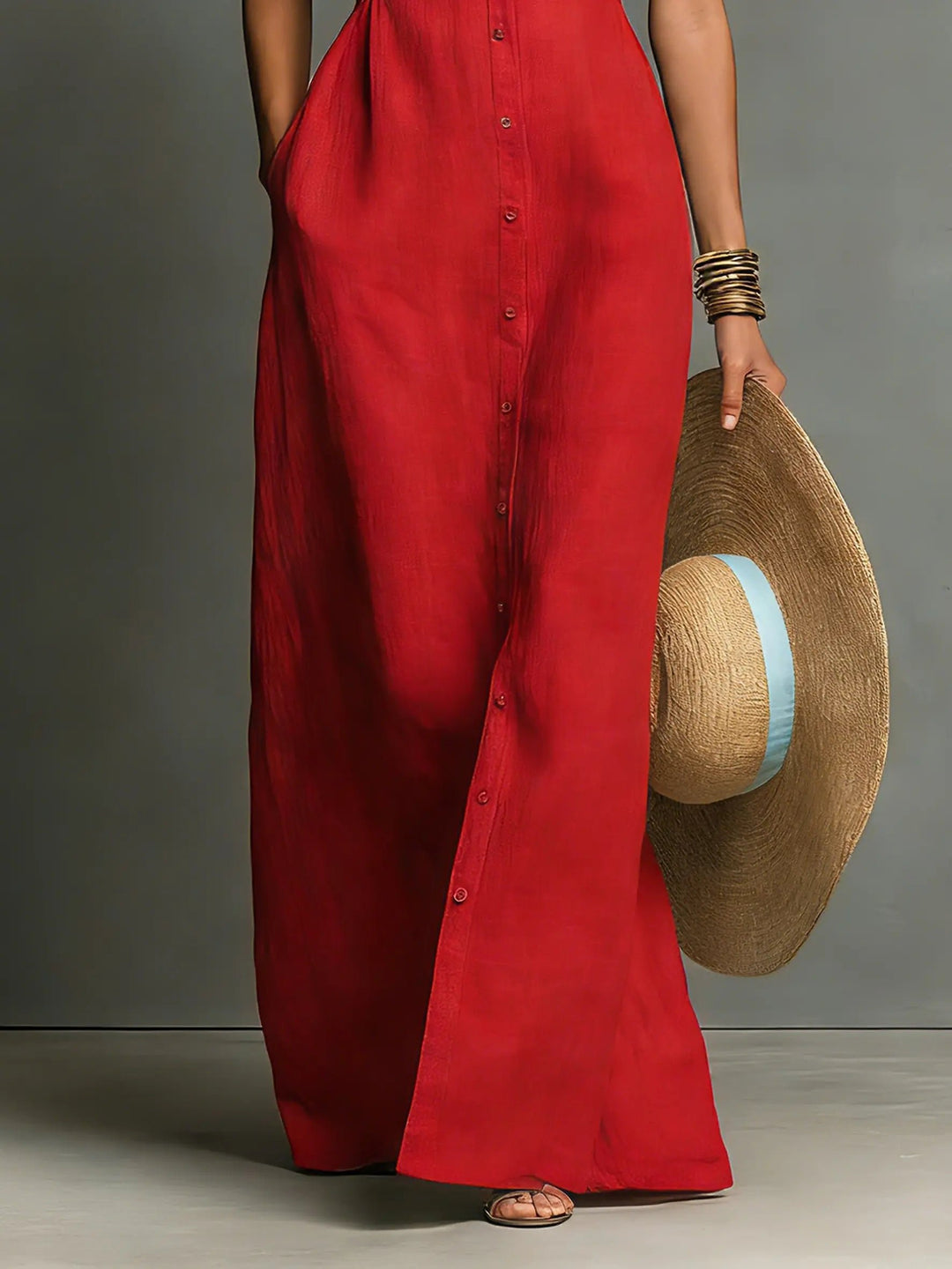Women's Sleeveless Collared Linen Button-Front Maxi Dress