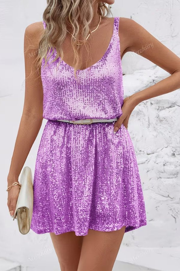 Women's Sleeveless Sequin Mini Evening Gown Cocktail Dress - Purple