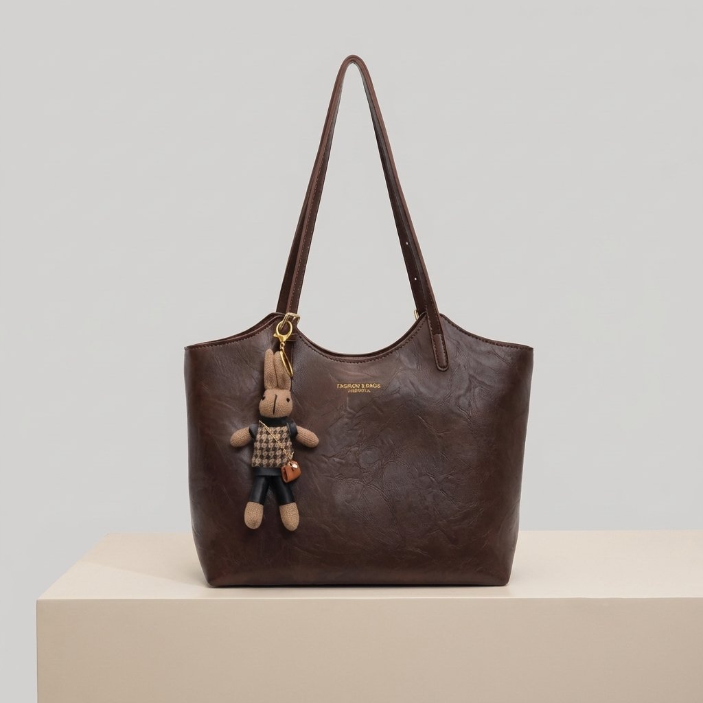 Women's Soft Vegan Leather Shoulder Tote Bag Plush Bunny Charm