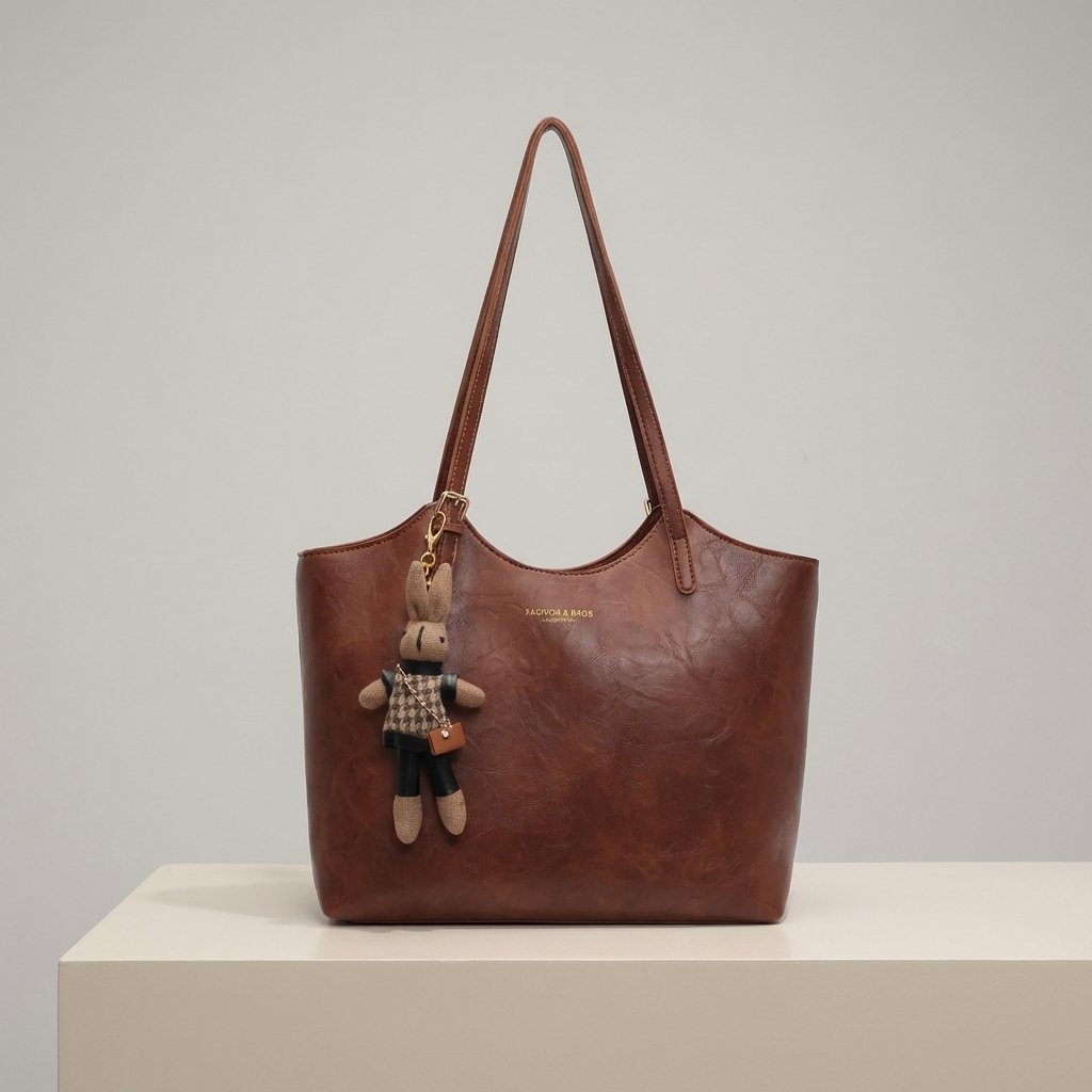 Women's Soft Vegan Leather Shoulder Tote Bag Plush Bunny Charm - Brown